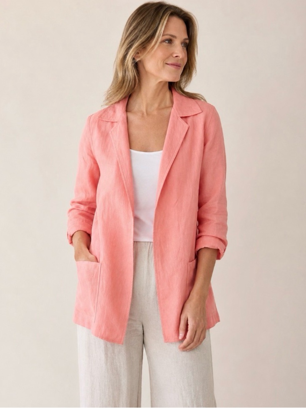 Linda Allard for Ellen Tracy 100% Linen Blazer Jacket Pink Size 2 Open Front